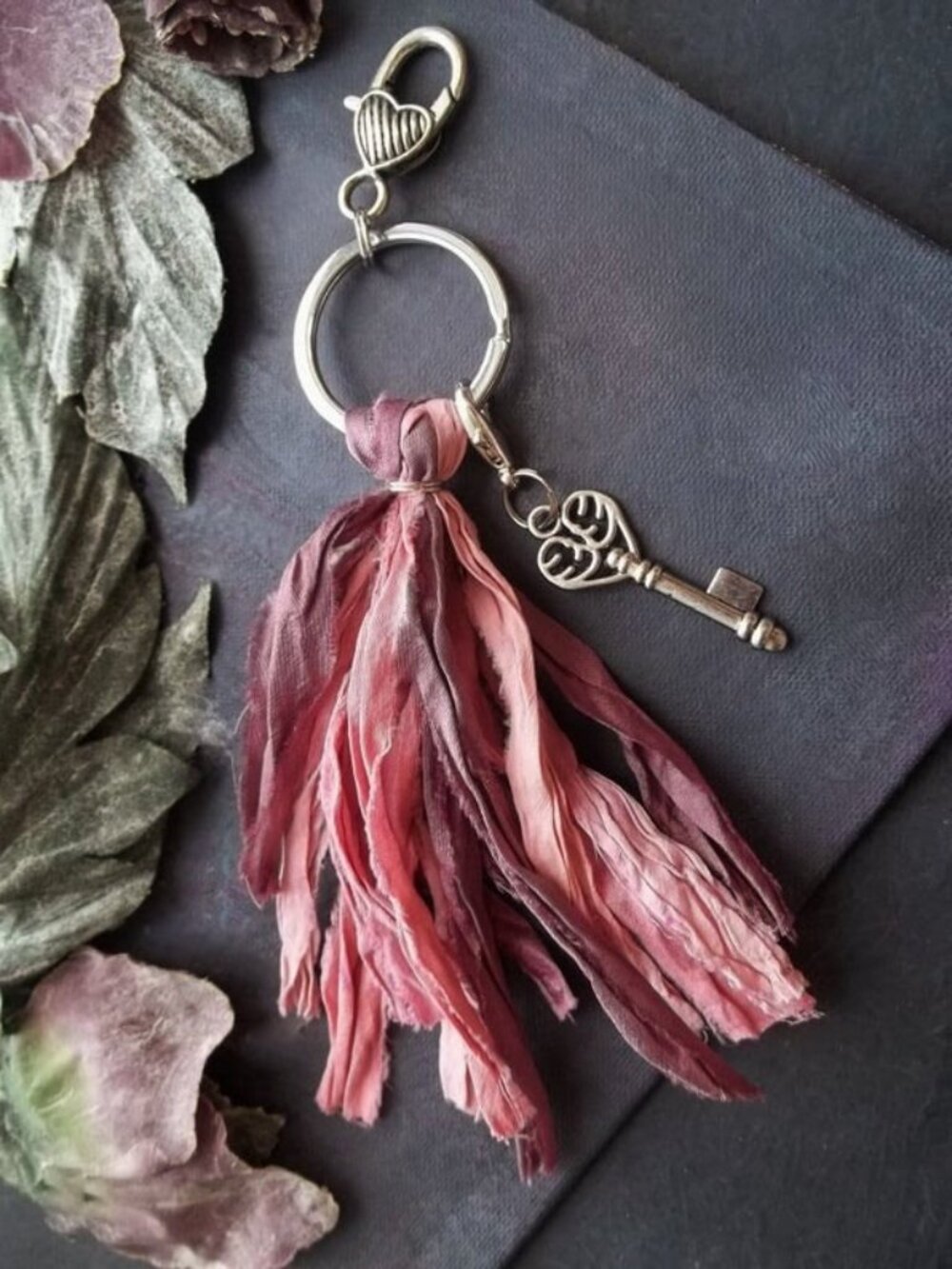 Bag Charm Handmade Sari Silk Tassel Keychain Heart Key Zipper Charm 2 in 1